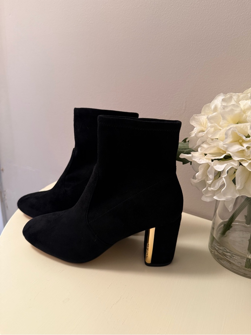 Coach Black Suede Ankle Booties with Gold Accent Heel